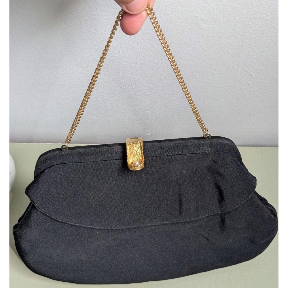 Vintage Black Satin Evening Bag Gold Chain Handle Pearl Clasp Purse